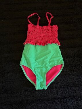 Kids Green and Pink Smocked One-Piece Swimsuit